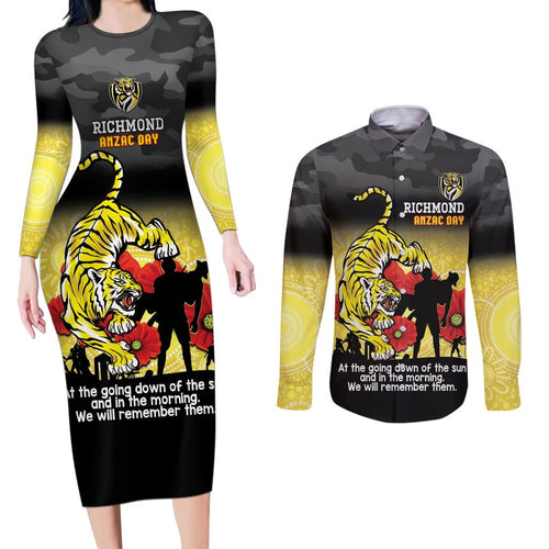 Custom Richmond Football ANZAC Couples Matching Long Sleeve Bodycon Dress and Long Sleeve Button Shirt Gallipoli Camouflage With Poppies