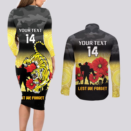 Custom Richmond Football ANZAC Couples Matching Long Sleeve Bodycon Dress and Long Sleeve Button Shirt Gallipoli Camouflage With Poppies
