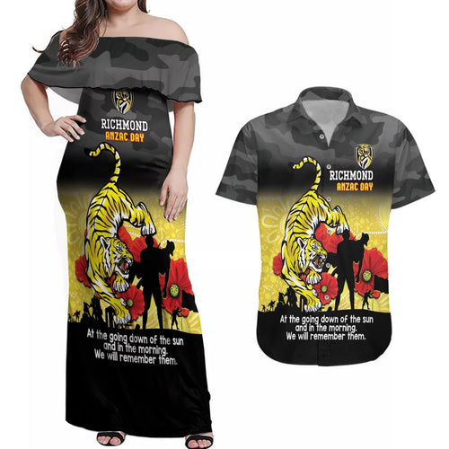 Custom Richmond Football ANZAC Couples Matching Off Shoulder Maxi Dress and Hawaiian Shirt Gallipoli Camouflage With Poppies