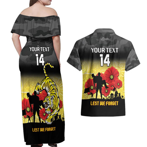 Custom Richmond Football ANZAC Couples Matching Off Shoulder Maxi Dress and Hawaiian Shirt Gallipoli Camouflage With Poppies