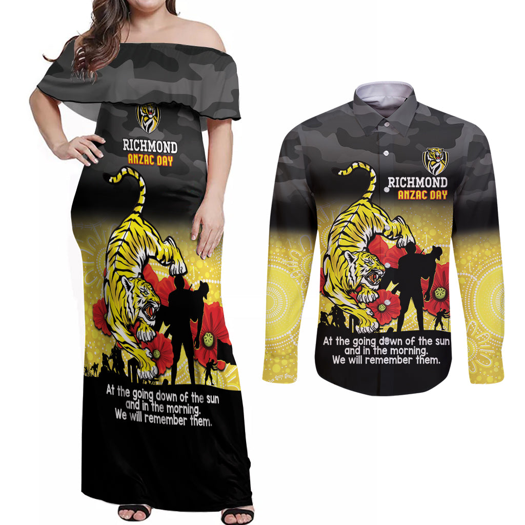 Custom Richmond Football ANZAC Couples Matching Off Shoulder Maxi Dress and Long Sleeve Button Shirt Gallipoli Camouflage With Poppies