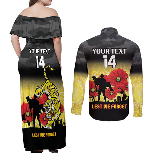 Custom Richmond Football ANZAC Couples Matching Off Shoulder Maxi Dress and Long Sleeve Button Shirt Gallipoli Camouflage With Poppies