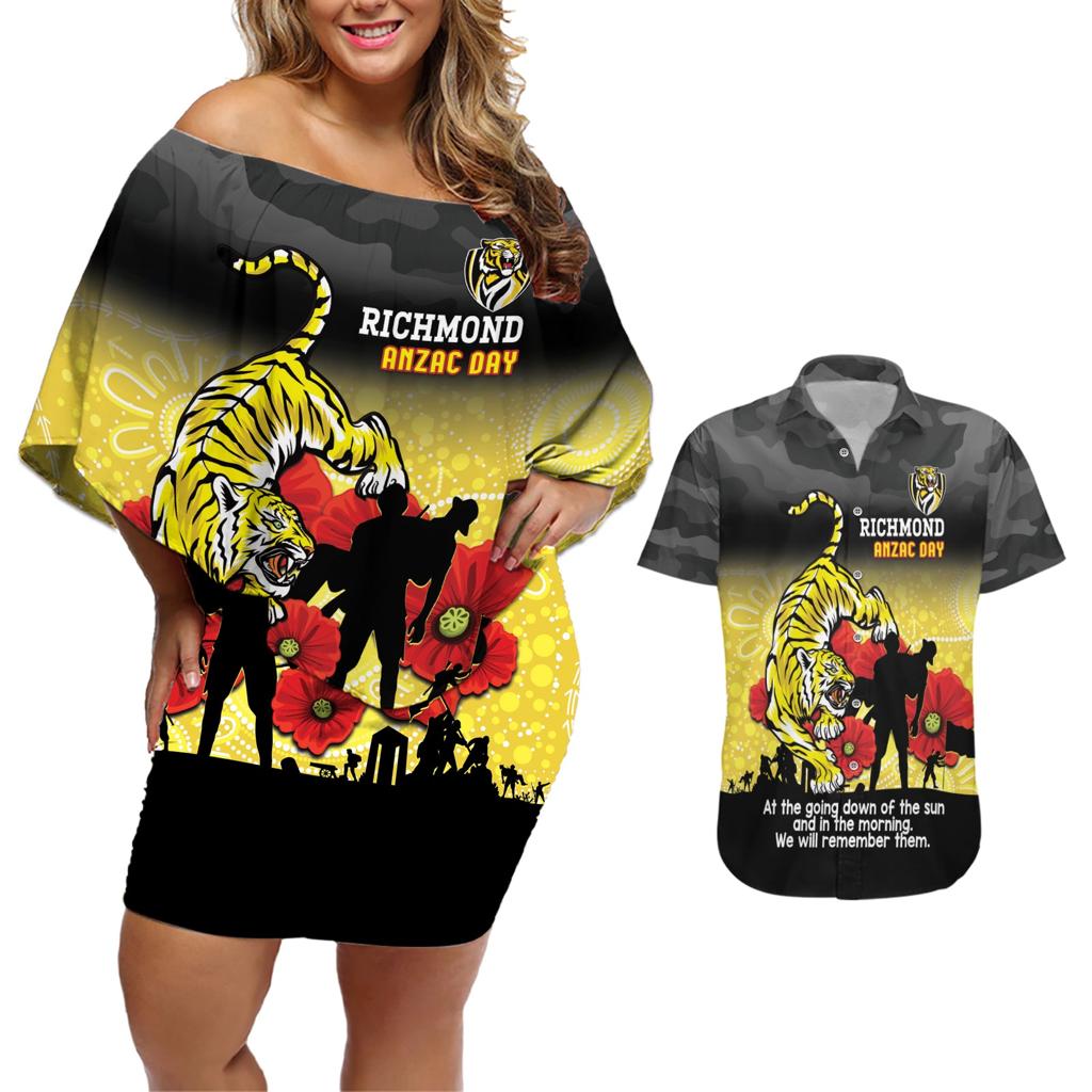 Custom Richmond Football ANZAC Couples Matching Off Shoulder Short Dress and Hawaiian Shirt Gallipoli Camouflage With Poppies