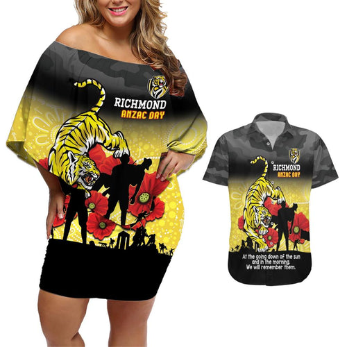 Custom Richmond Football ANZAC Couples Matching Off Shoulder Short Dress and Hawaiian Shirt Gallipoli Camouflage With Poppies