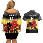 Custom Richmond Football ANZAC Couples Matching Off Shoulder Short Dress and Hawaiian Shirt Gallipoli Camouflage With Poppies