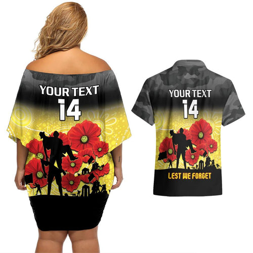 Custom Richmond Football ANZAC Couples Matching Off Shoulder Short Dress and Hawaiian Shirt Gallipoli Camouflage With Poppies