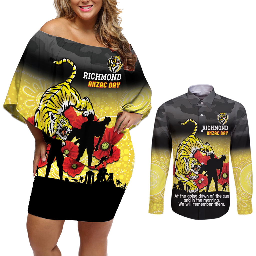 Custom Richmond Football ANZAC Couples Matching Off Shoulder Short Dress and Long Sleeve Button Shirt Gallipoli Camouflage With Poppies