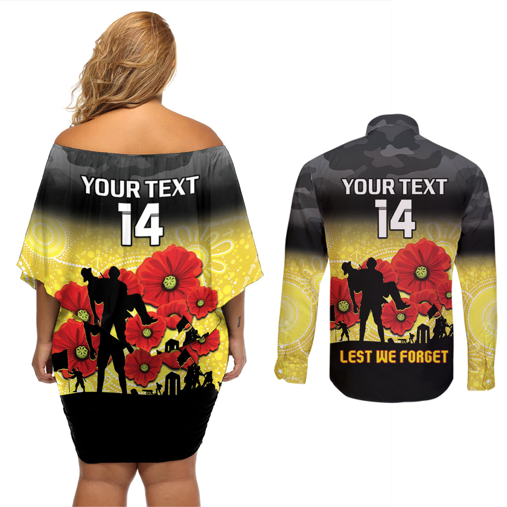 Custom Richmond Football ANZAC Couples Matching Off Shoulder Short Dress and Long Sleeve Button Shirt Gallipoli Camouflage With Poppies