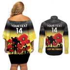 Custom Richmond Football ANZAC Couples Matching Off Shoulder Short Dress and Long Sleeve Button Shirt Gallipoli Camouflage With Poppies