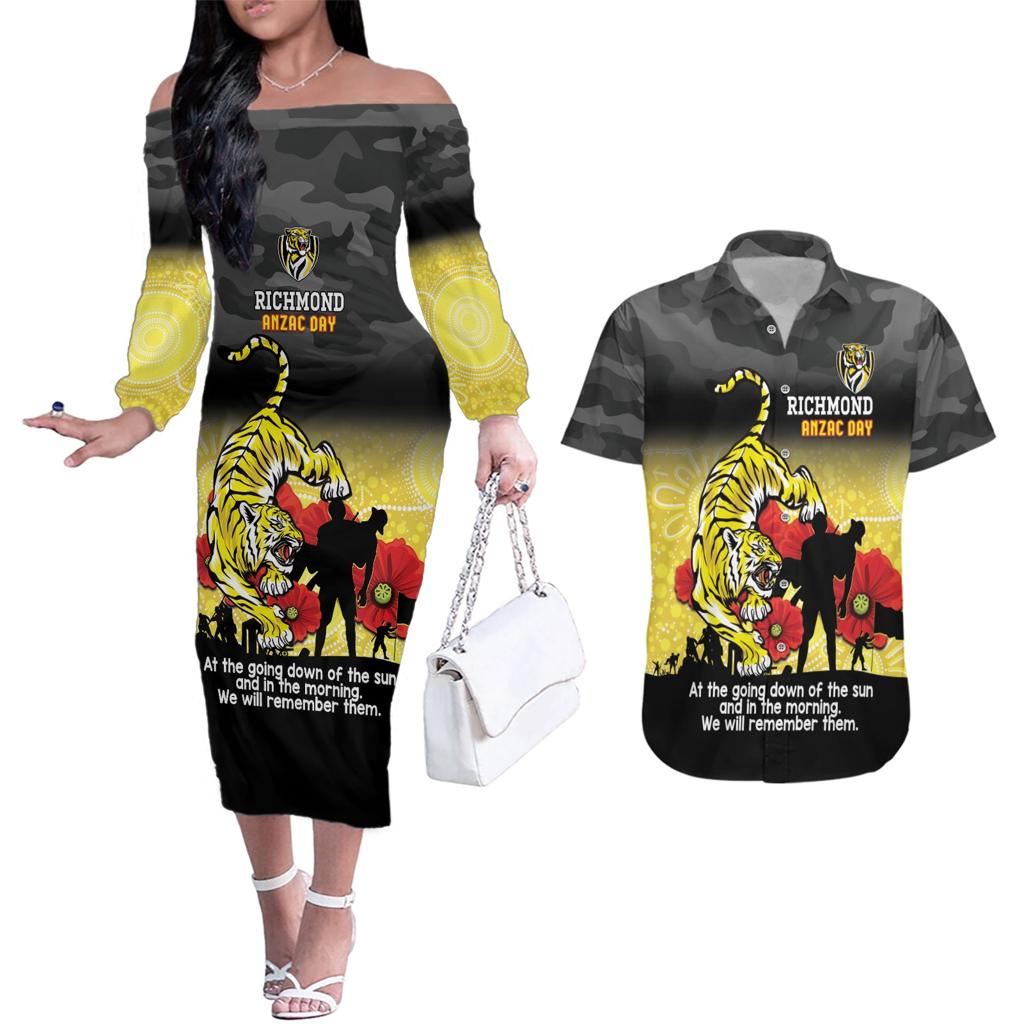 Custom Richmond Football ANZAC Couples Matching Off The Shoulder Long Sleeve Dress and Hawaiian Shirt Gallipoli Camouflage With Poppies