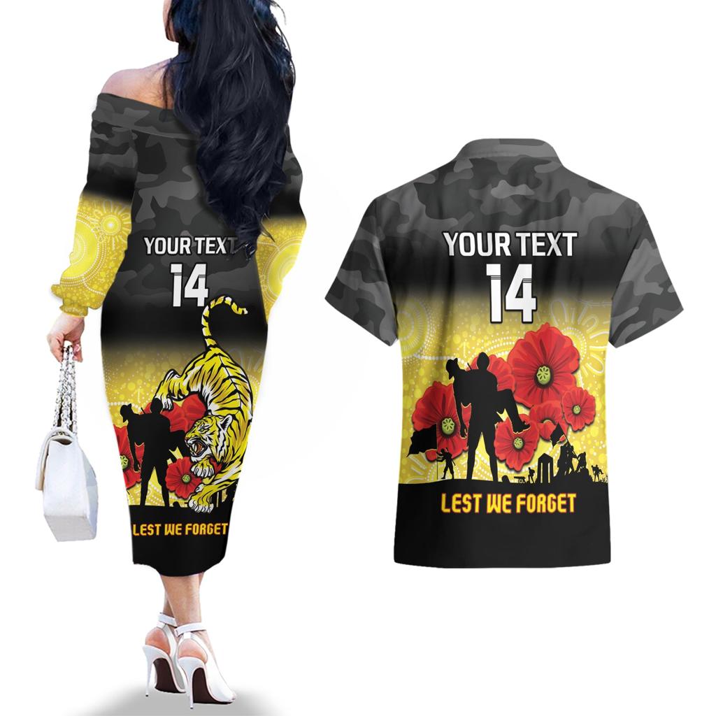 Custom Richmond Football ANZAC Couples Matching Off The Shoulder Long Sleeve Dress and Hawaiian Shirt Gallipoli Camouflage With Poppies