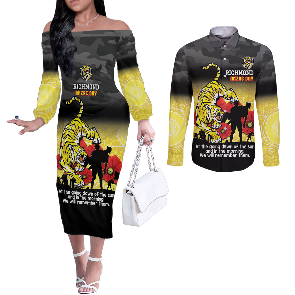 Custom Richmond Football ANZAC Couples Matching Off The Shoulder Long Sleeve Dress and Long Sleeve Button Shirt Gallipoli Camouflage With Poppies
