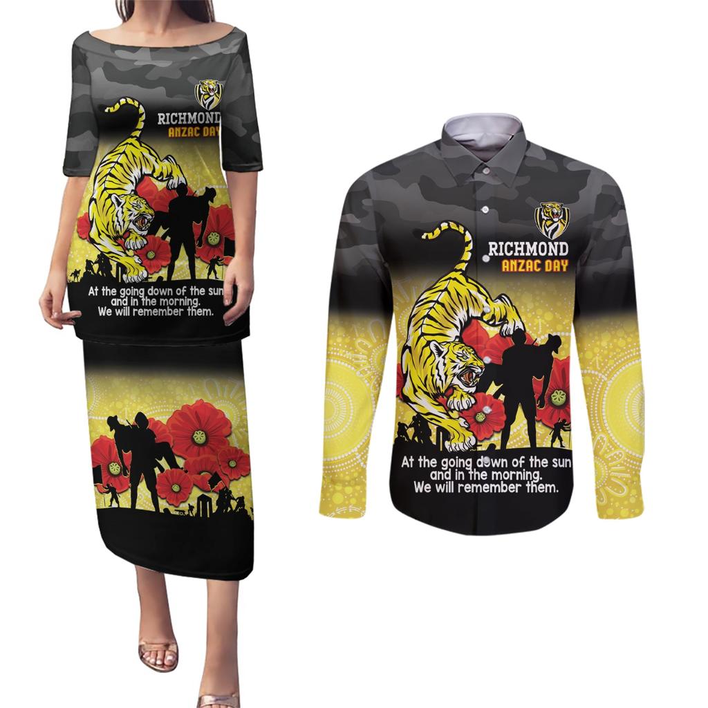 Custom Richmond Football ANZAC Couples Matching Puletasi and Long Sleeve Button Shirt Gallipoli Camouflage With Poppies