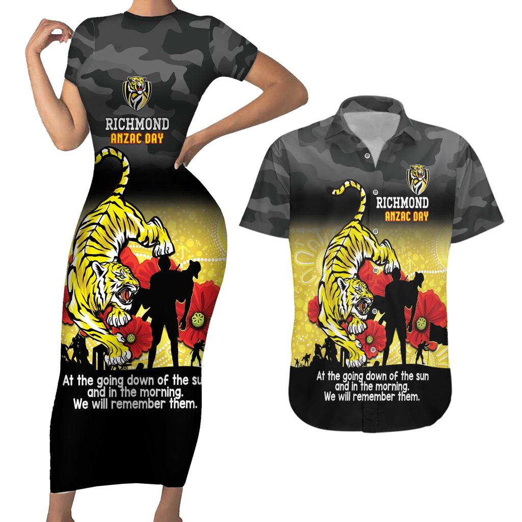 Custom Richmond Football ANZAC Couples Matching Short Sleeve Bodycon Dress and Hawaiian Shirt Gallipoli Camouflage With Poppies