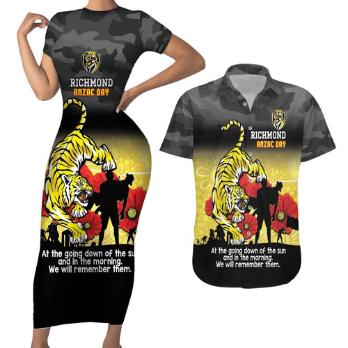Custom Richmond Football ANZAC Couples Matching Short Sleeve Bodycon Dress and Hawaiian Shirt Gallipoli Camouflage With Poppies