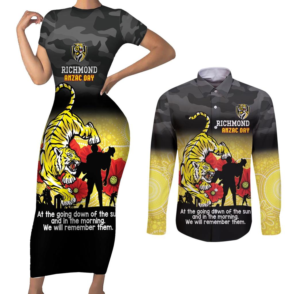 Custom Richmond Football ANZAC Couples Matching Short Sleeve Bodycon Dress and Long Sleeve Button Shirt Gallipoli Camouflage With Poppies