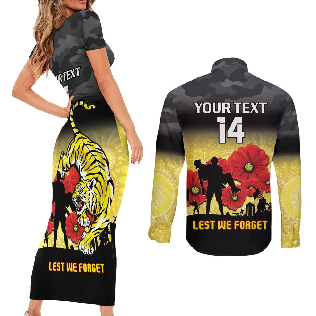 Custom Richmond Football ANZAC Couples Matching Short Sleeve Bodycon Dress and Long Sleeve Button Shirt Gallipoli Camouflage With Poppies