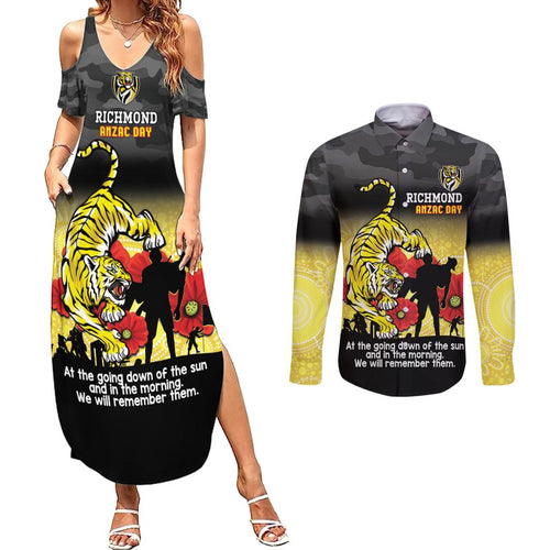 Custom Richmond Football ANZAC Couples Matching Summer Maxi Dress and Long Sleeve Button Shirt Gallipoli Camouflage With Poppies