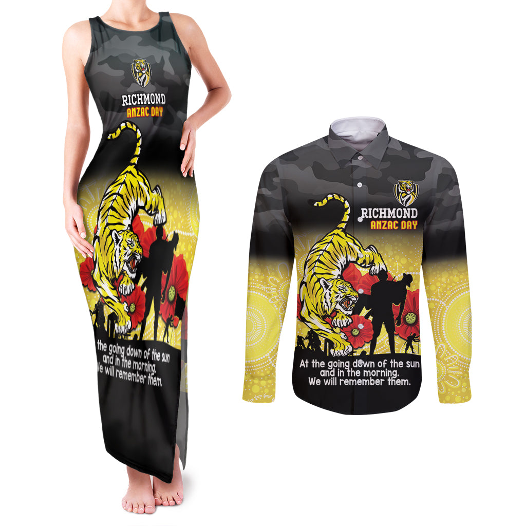 Custom Richmond Football ANZAC Couples Matching Tank Maxi Dress and Long Sleeve Button Shirt Gallipoli Camouflage With Poppies