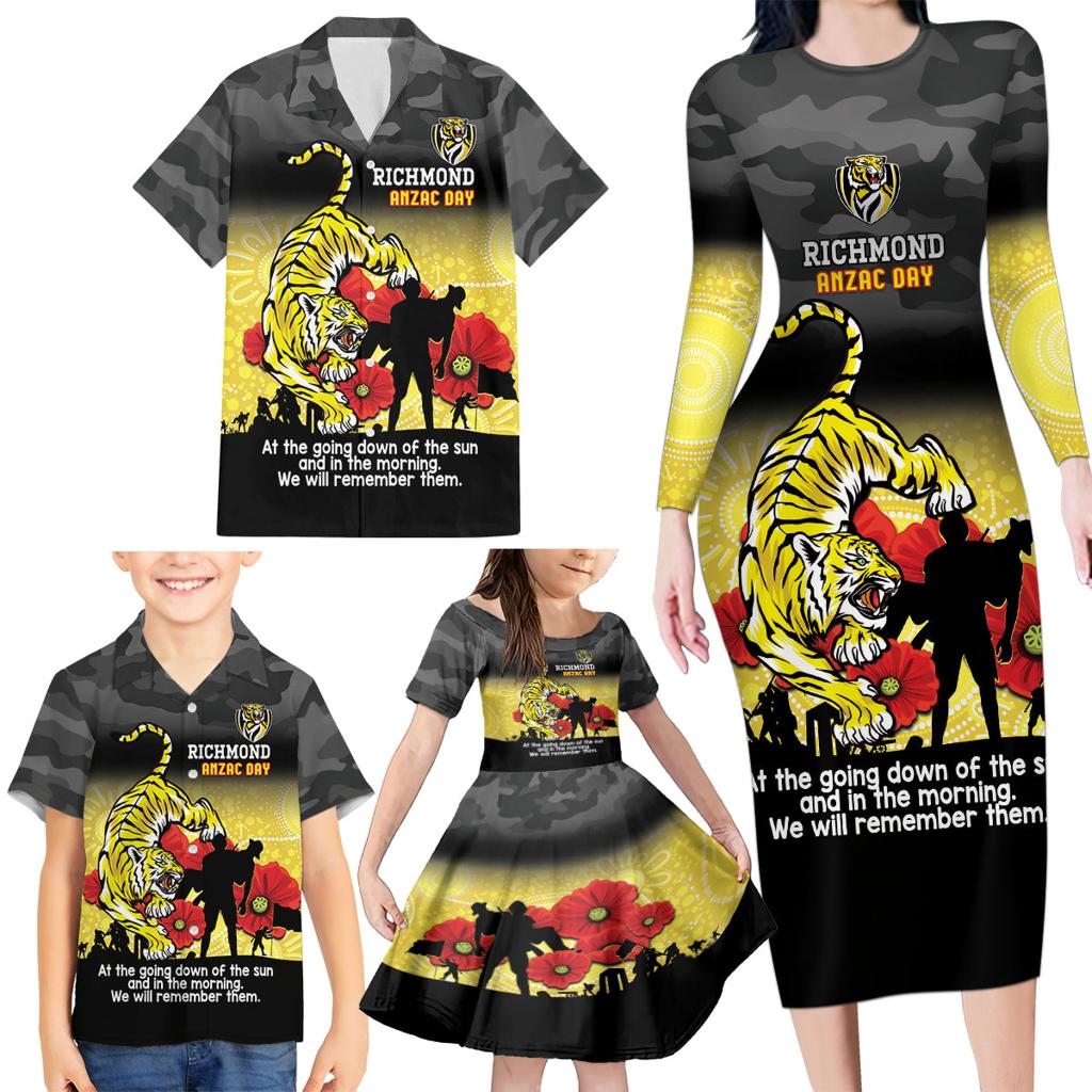 Custom Richmond Football ANZAC Family Matching Long Sleeve Bodycon Dress and Hawaiian Shirt Gallipoli Camouflage With Poppies