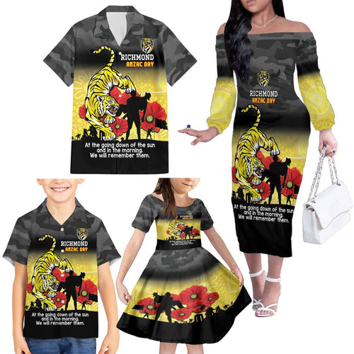 Custom Richmond Football ANZAC Family Matching Off Shoulder Long Sleeve Dress and Hawaiian Shirt Gallipoli Camouflage With Poppies