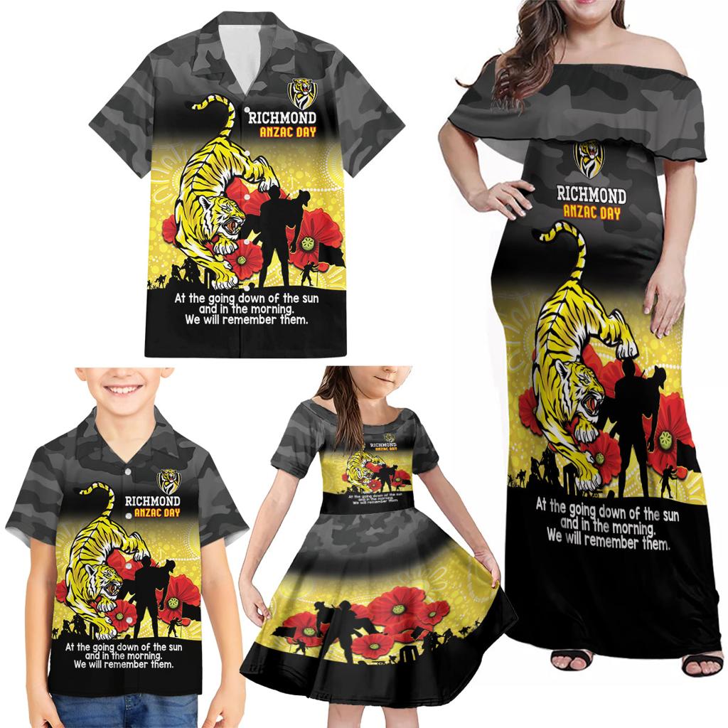Custom Richmond Football ANZAC Family Matching Off Shoulder Maxi Dress and Hawaiian Shirt Gallipoli Camouflage With Poppies