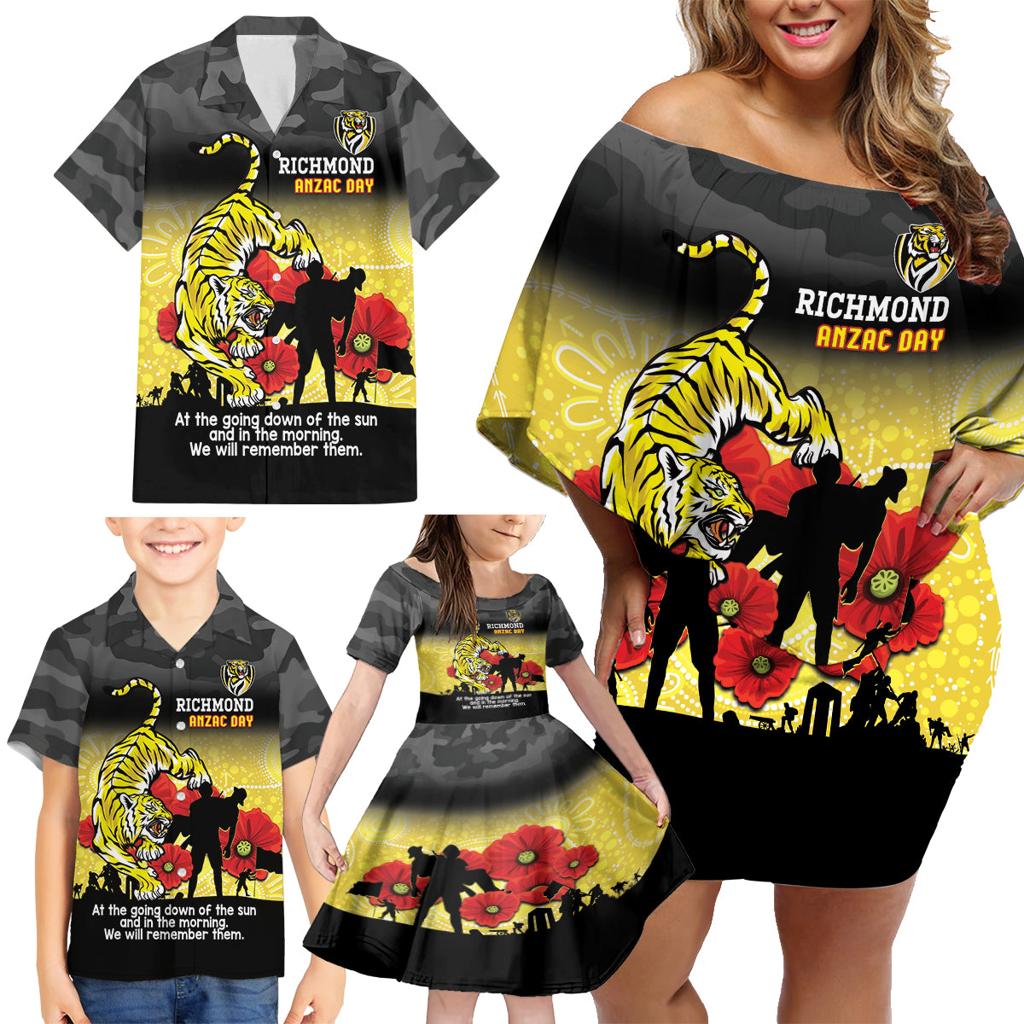 Custom Richmond Football ANZAC Family Matching Off Shoulder Short Dress and Hawaiian Shirt Gallipoli Camouflage With Poppies
