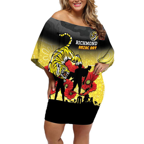 Custom Richmond Football ANZAC Family Matching Off Shoulder Short Dress and Hawaiian Shirt Gallipoli Camouflage With Poppies