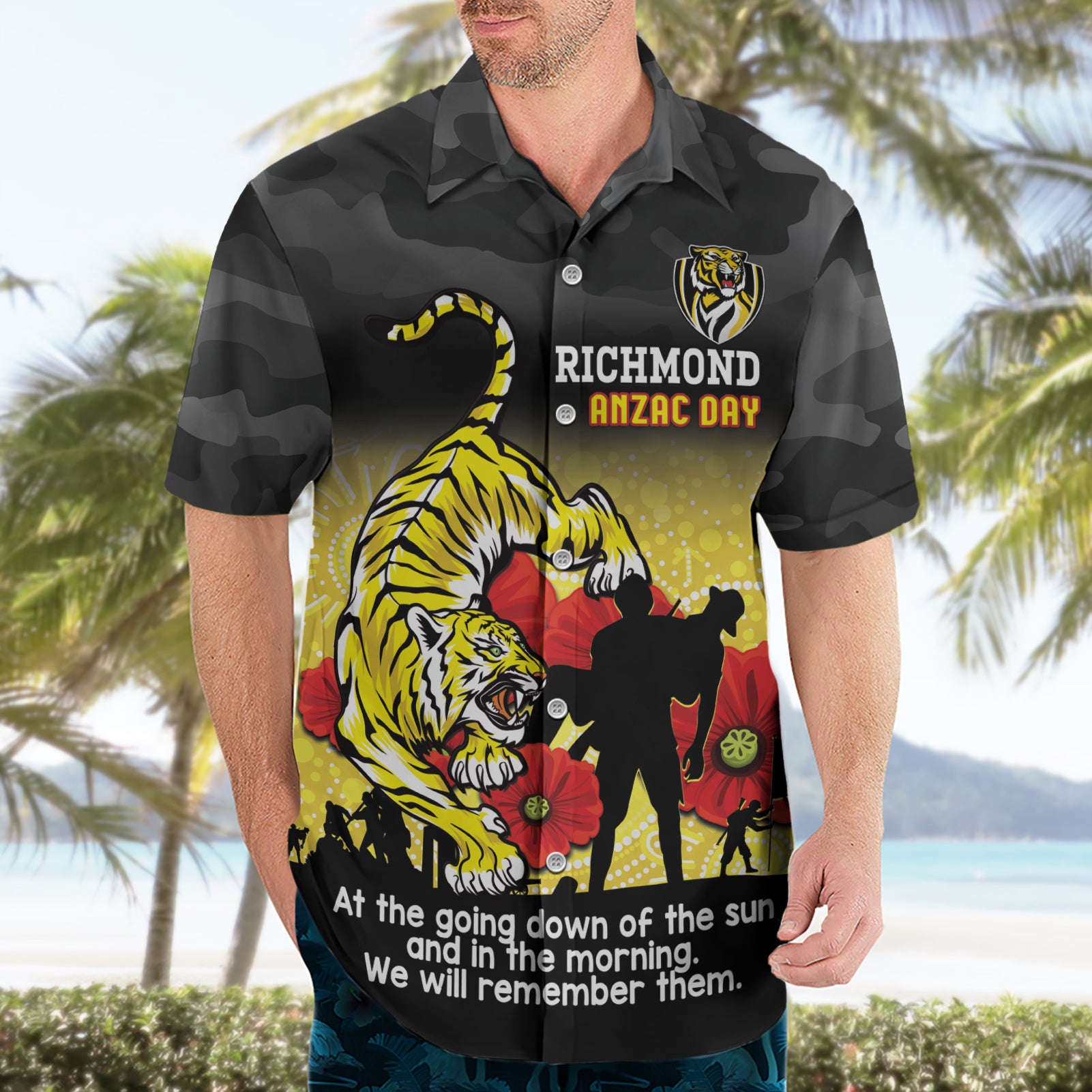 Custom Richmond Football ANZAC Hawaiian Shirt Gallipoli Camouflage With Poppies