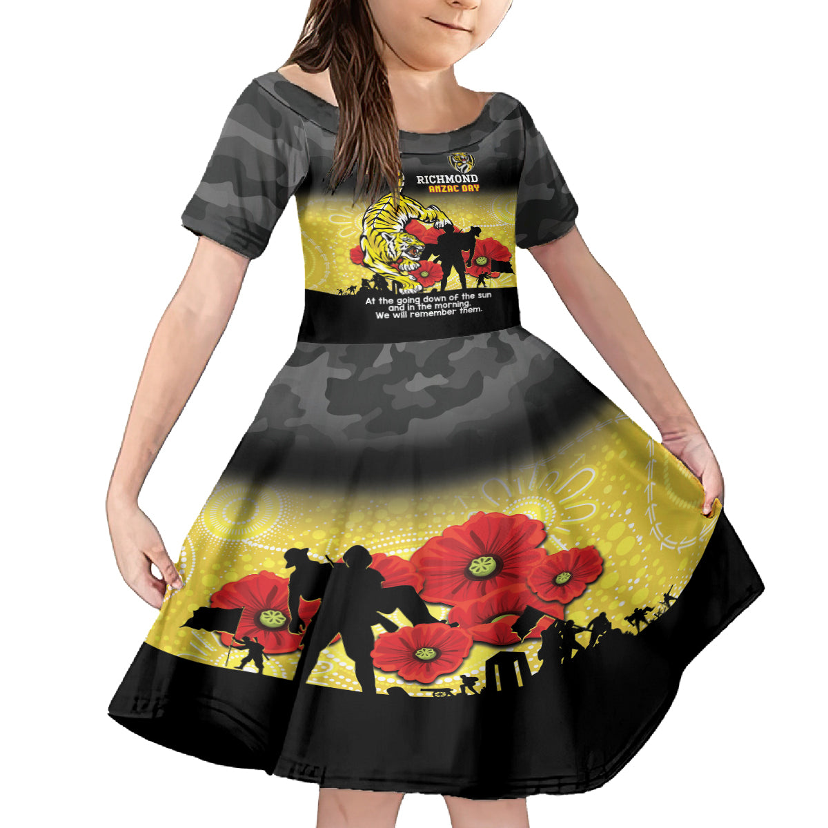 Custom Richmond Football ANZAC Kid Short Sleeve Dress Gallipoli Camouflage With Poppies