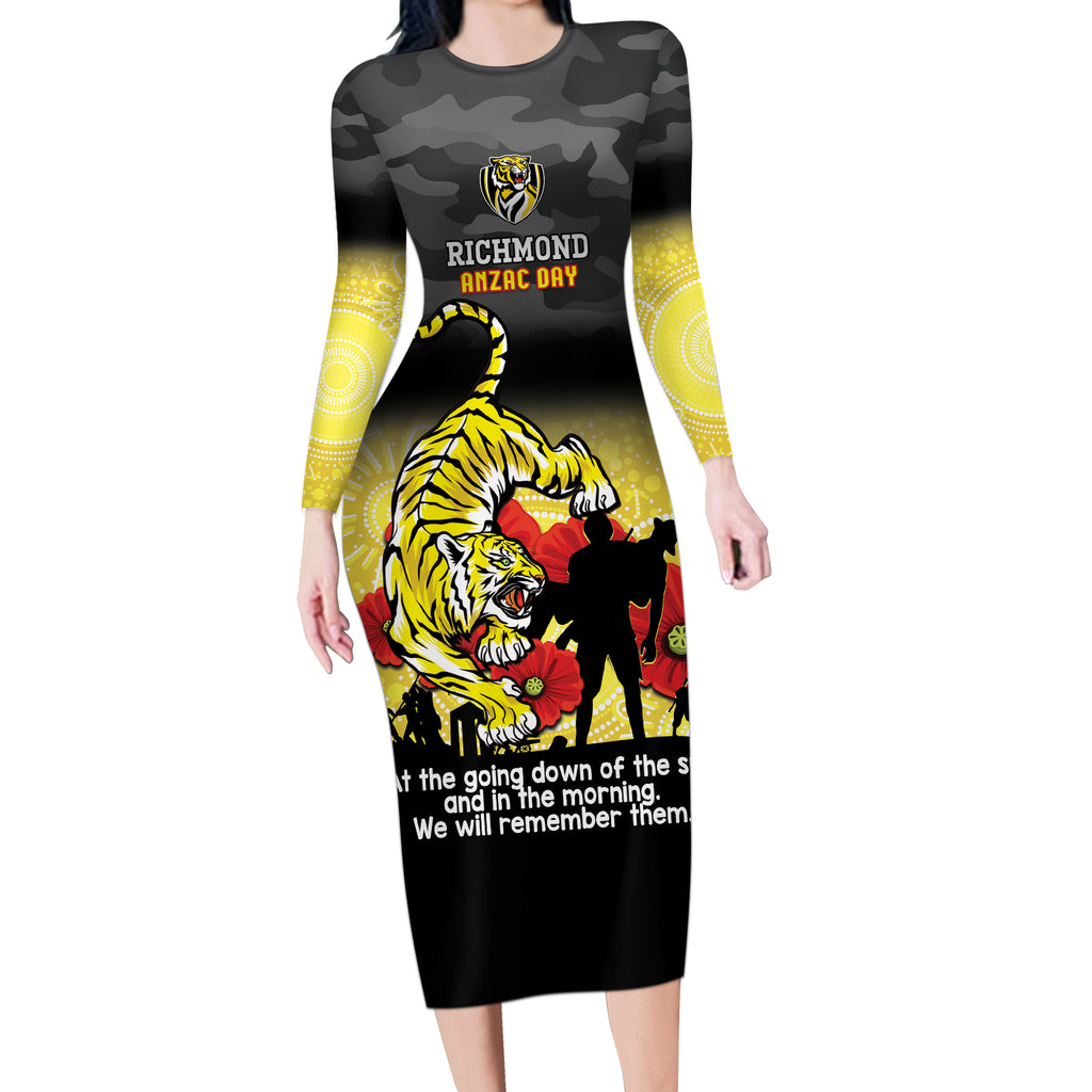 Custom Richmond Football ANZAC Long Sleeve Bodycon Dress Gallipoli Camouflage With Poppies