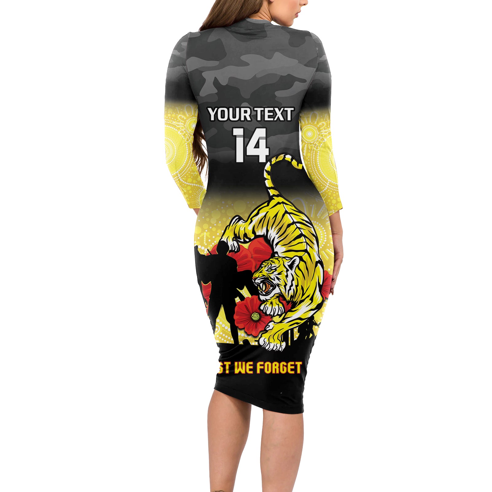 Custom Richmond Football ANZAC Long Sleeve Bodycon Dress Gallipoli Camouflage With Poppies
