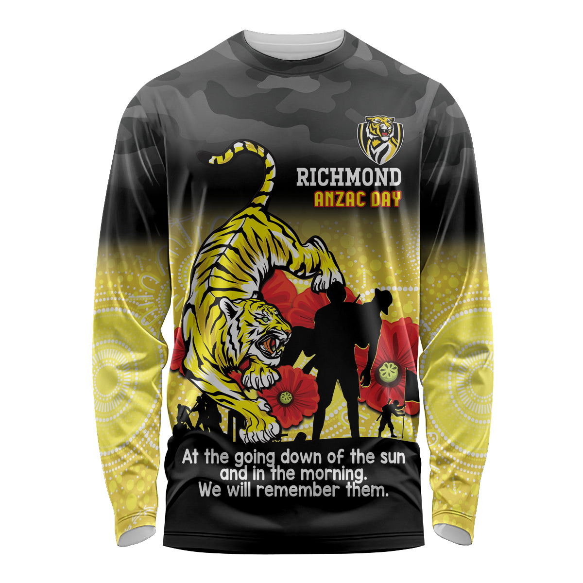 Custom Richmond Football ANZAC Long Sleeve Shirt Gallipoli Camouflage With Poppies