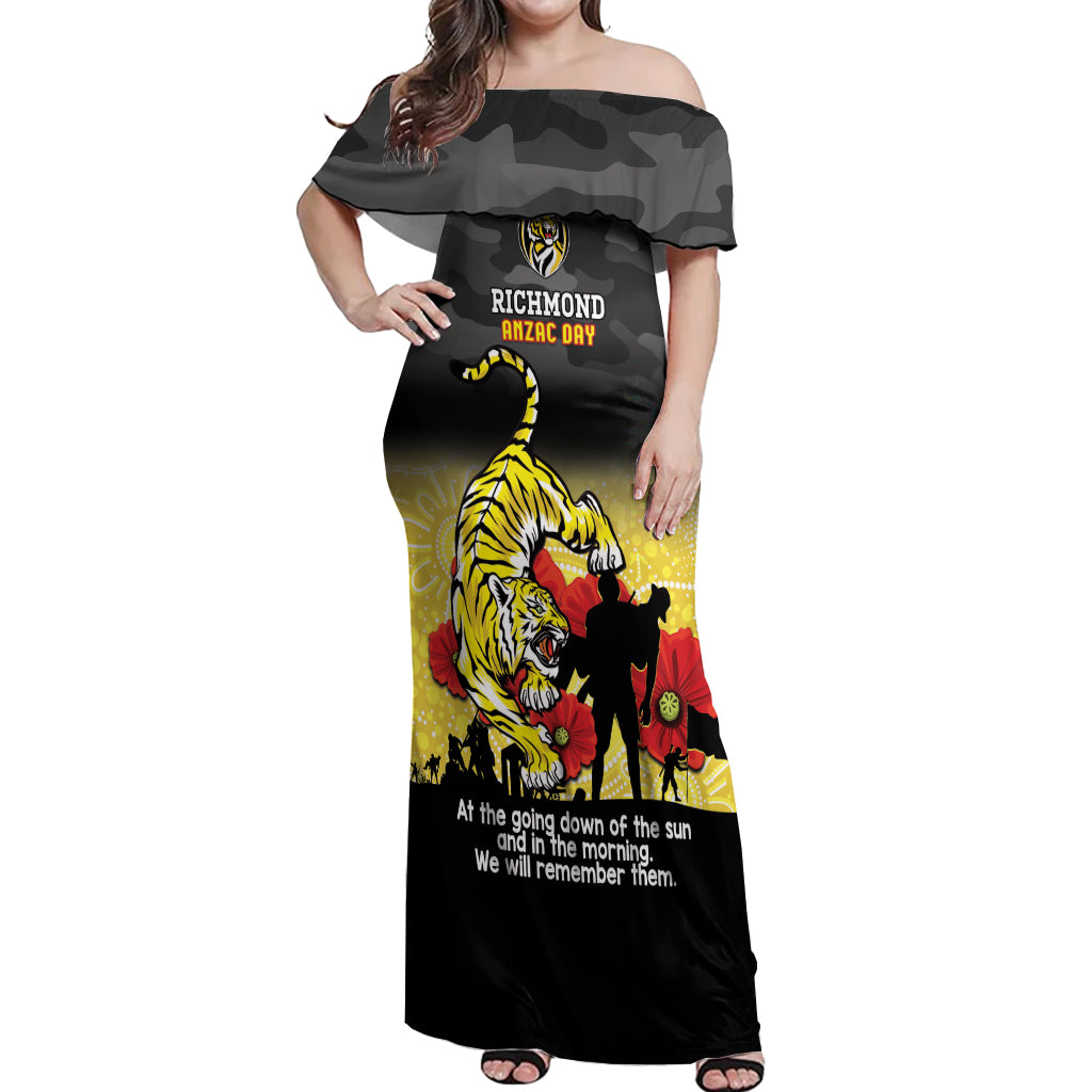 Custom Richmond Football ANZAC Off Shoulder Maxi Dress Gallipoli Camouflage With Poppies