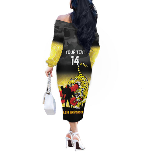 Custom Richmond Football ANZAC Off The Shoulder Long Sleeve Dress Gallipoli Camouflage With Poppies