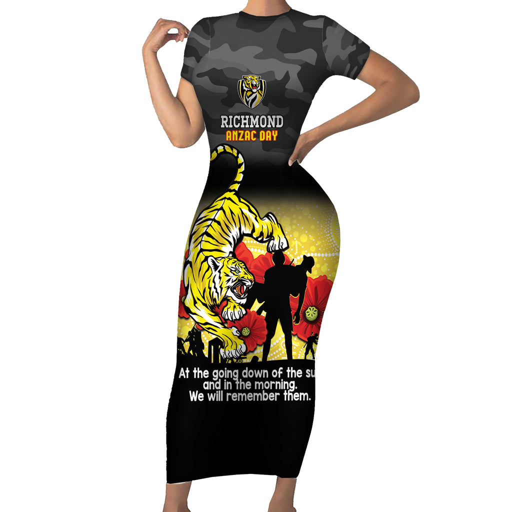 Custom Richmond Football ANZAC Short Sleeve Bodycon Dress Gallipoli Camouflage With Poppies