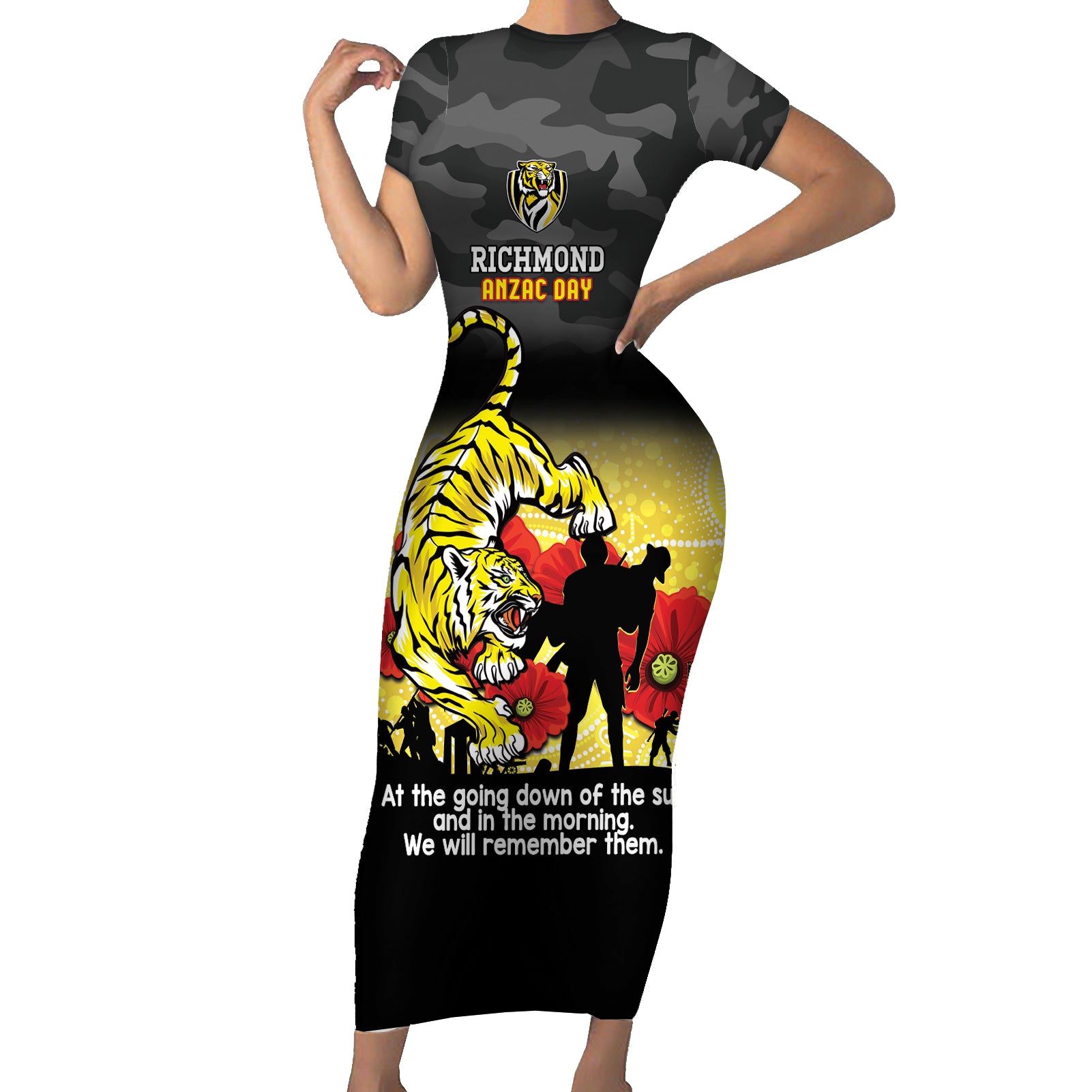 Custom Richmond Football ANZAC Short Sleeve Bodycon Dress Gallipoli Camouflage With Poppies