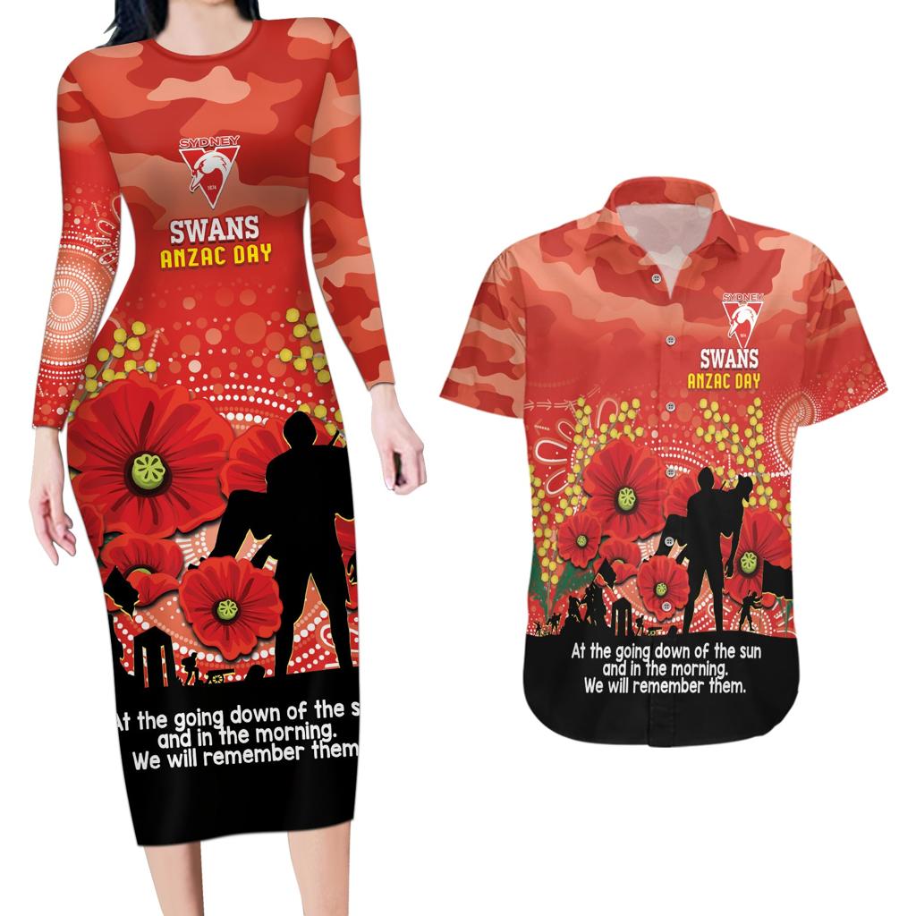 Custom Swans Football ANZAC Couples Matching Long Sleeve Bodycon Dress and Hawaiian Shirt Gallipoli Camouflage With Poppies