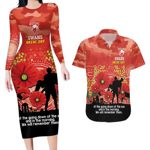 Custom Swans Football ANZAC Couples Matching Long Sleeve Bodycon Dress and Hawaiian Shirt Gallipoli Camouflage With Poppies