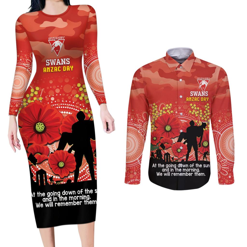 Custom Swans Football ANZAC Couples Matching Long Sleeve Bodycon Dress and Long Sleeve Button Shirt Gallipoli Camouflage With Poppies