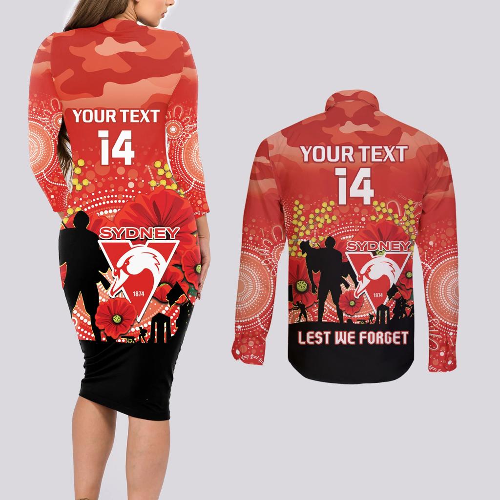 Custom Swans Football ANZAC Couples Matching Long Sleeve Bodycon Dress and Long Sleeve Button Shirt Gallipoli Camouflage With Poppies
