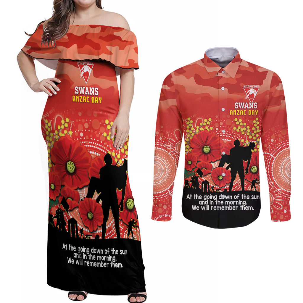 Custom Swans Football ANZAC Couples Matching Off Shoulder Maxi Dress and Long Sleeve Button Shirt Gallipoli Camouflage With Poppies