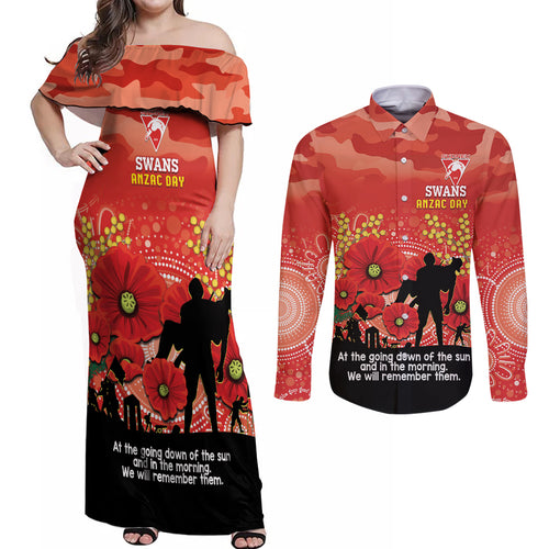 Custom Swans Football ANZAC Couples Matching Off Shoulder Maxi Dress and Long Sleeve Button Shirt Gallipoli Camouflage With Poppies