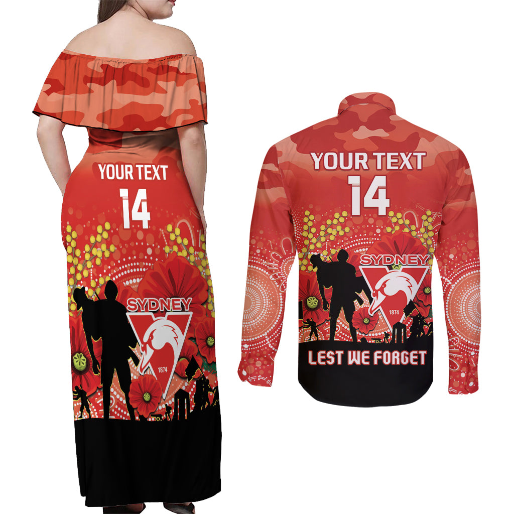 Custom Swans Football ANZAC Couples Matching Off Shoulder Maxi Dress and Long Sleeve Button Shirt Gallipoli Camouflage With Poppies