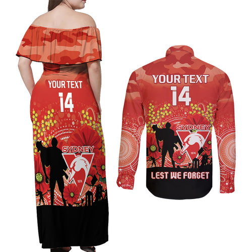 Custom Swans Football ANZAC Couples Matching Off Shoulder Maxi Dress and Long Sleeve Button Shirt Gallipoli Camouflage With Poppies