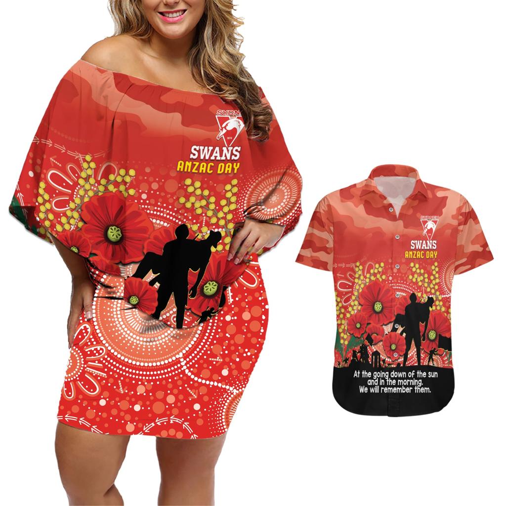 Custom Swans Football ANZAC Couples Matching Off Shoulder Short Dress and Hawaiian Shirt Gallipoli Camouflage With Poppies