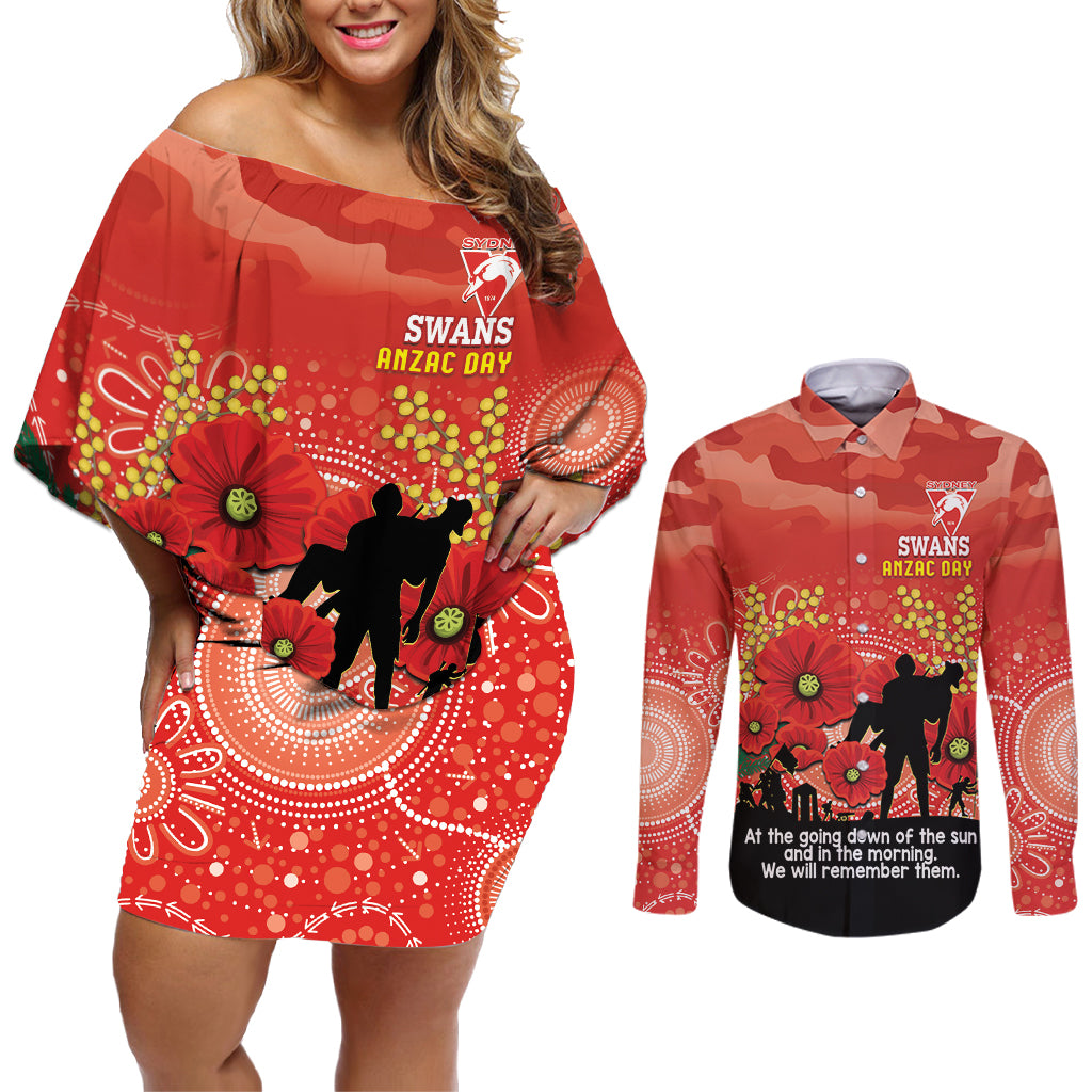 Custom Swans Football ANZAC Couples Matching Off Shoulder Short Dress and Long Sleeve Button Shirt Gallipoli Camouflage With Poppies