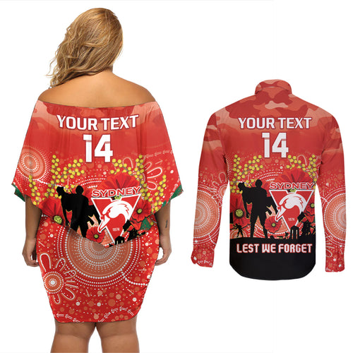 Custom Swans Football ANZAC Couples Matching Off Shoulder Short Dress and Long Sleeve Button Shirt Gallipoli Camouflage With Poppies