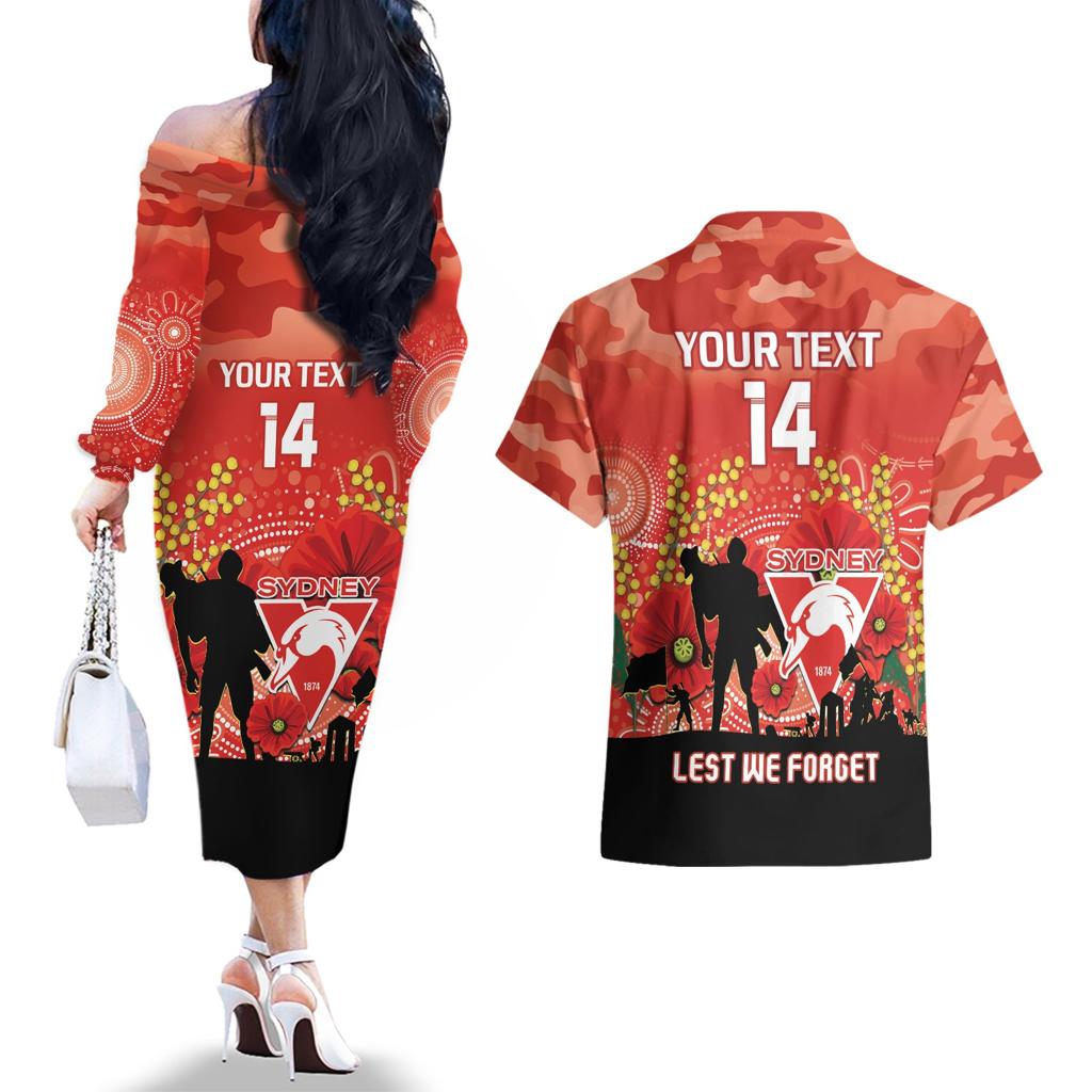 Custom Swans Football ANZAC Couples Matching Off The Shoulder Long Sleeve Dress and Hawaiian Shirt Gallipoli Camouflage With Poppies