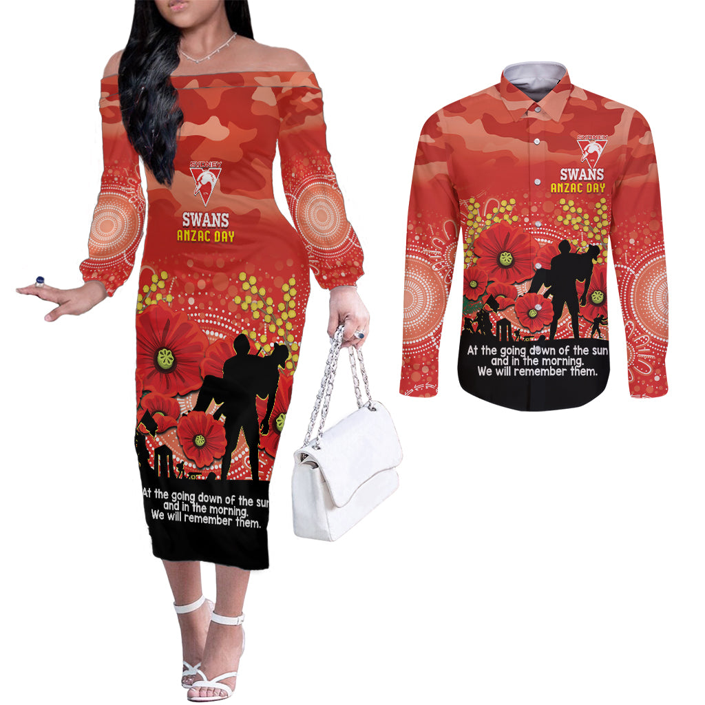 Custom Swans Football ANZAC Couples Matching Off The Shoulder Long Sleeve Dress and Long Sleeve Button Shirt Gallipoli Camouflage With Poppies
